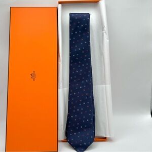 Hermes Navy Blue Tie, H Scintillant Tie Marine Rouge Orange. With box and ribbon